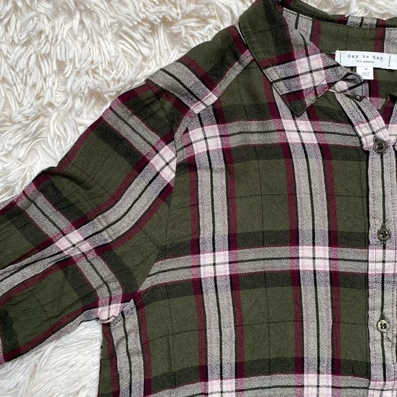 🎉HP🎉 Blue Pepper Day to Day Button Down Plaid Shirt 💗 Olive Cranberry White - Picture 5 of 14